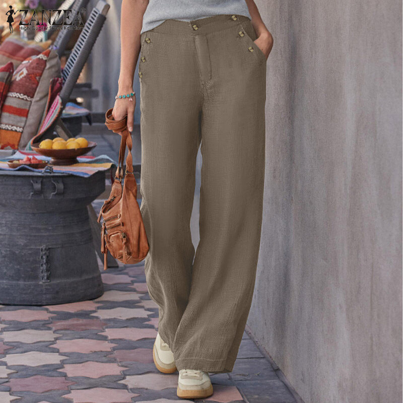 ZANZEA Women's Vintage Simple Wide Leg Solid Trousers Casual Cotton Loose Straight Long Pants #15