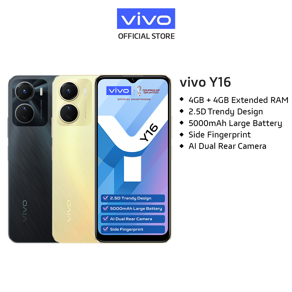 vivo Y16 [4GB+4GB Extended RAM/64GB] / 5000 mAH + 10W / AI Dual Camera / 2.5D Trendy Design