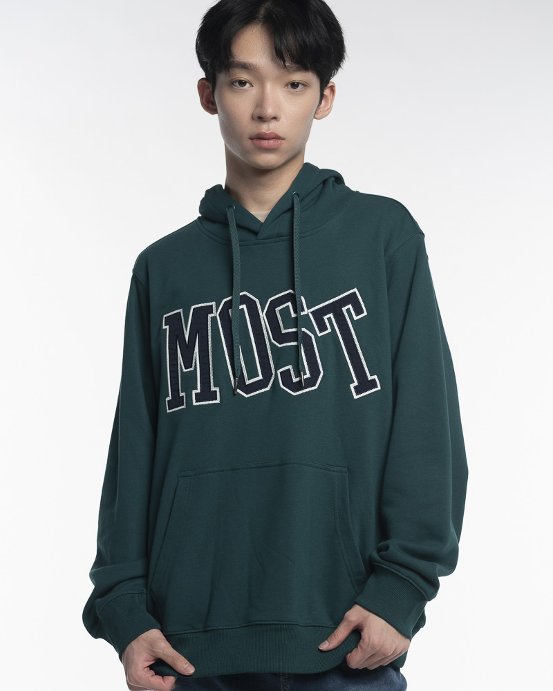 Yishion Men Solid Coloured Pullover Hoodie with Kangaroo Pockets and MOST Slogan Patch (Dk. Green)